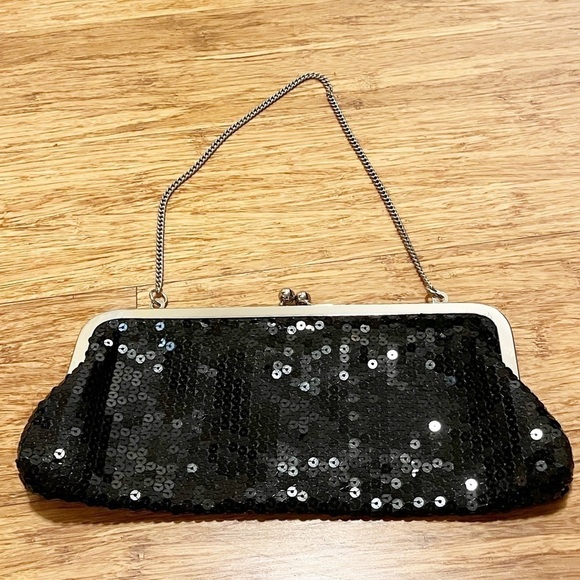 Ann Taylor LOFT black sequin evening bag w/ silver chain. Converts to clutch! - Picture 3 of 9